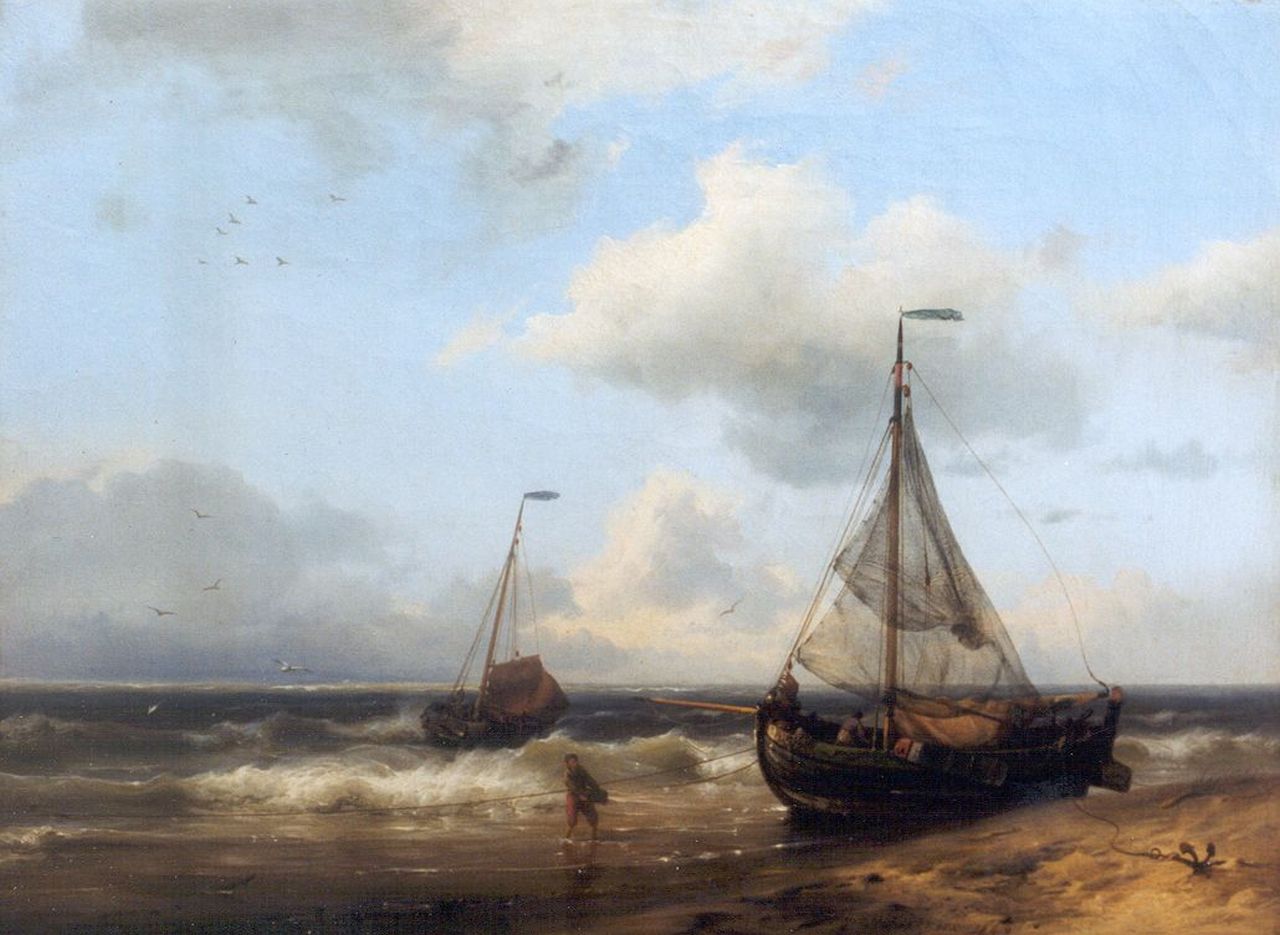 Koekkoek H.  | Hermanus Koekkoek, A coastal scene with anchored fishing boats, oil on canvas 24.0 x 32.4 cm, signed l.r. and dated 1849