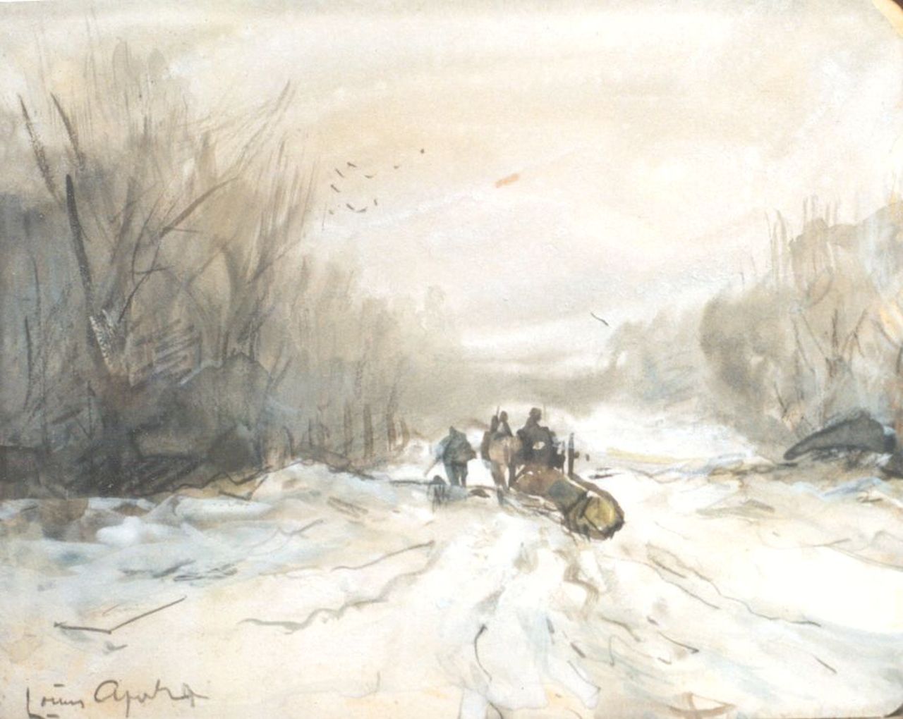 Apol L.F.H.  | Lodewijk Franciscus Hendrik 'Louis' Apol, A 'Mallejan' in winter, black chalk, watercolour and gouache on paper 10.9 x 13.8 cm, signed l.l.