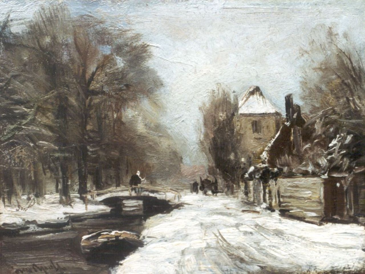 Apol L.F.H.  | Lodewijk Franciscus Hendrik 'Louis' Apol, A traveller on a draw-bridge in winter, oil on painter's board 20.0 x 26.3 cm, signed l.l.