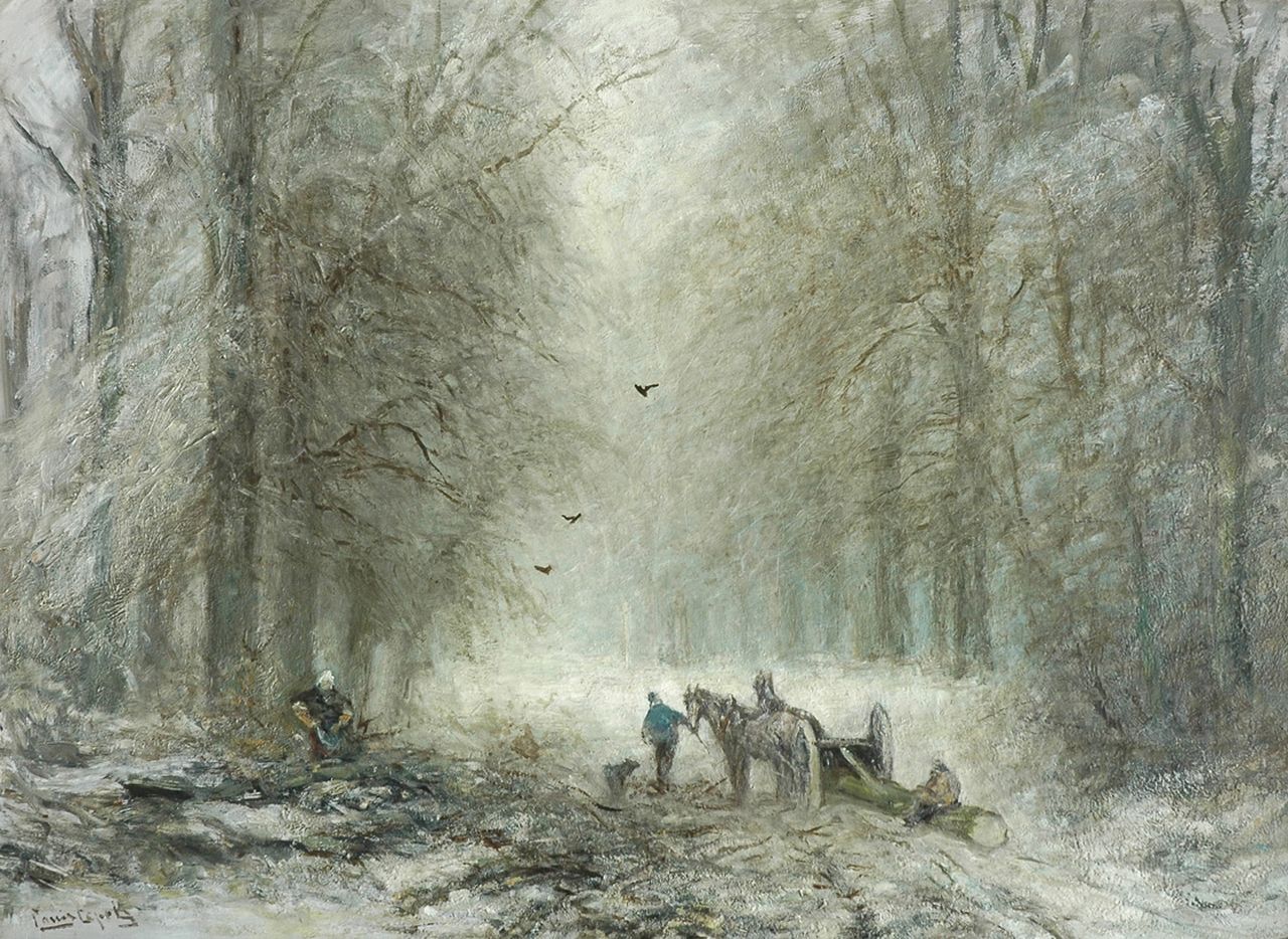 Apol L.F.H.  | Lodewijk Franciscus Hendrik 'Louis' Apol, Timber sled in the forest of The Hague, oil on canvas 72.0 x 96.9 cm, signed l.l.