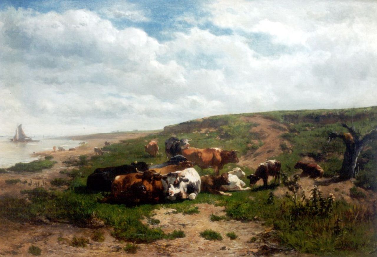Haas J.H.L. de | Johannes Hubertus Leonardus de Haas, Cows in a River Landscape, oil on canvas 48.7 x 71.0 cm, signed l.r.