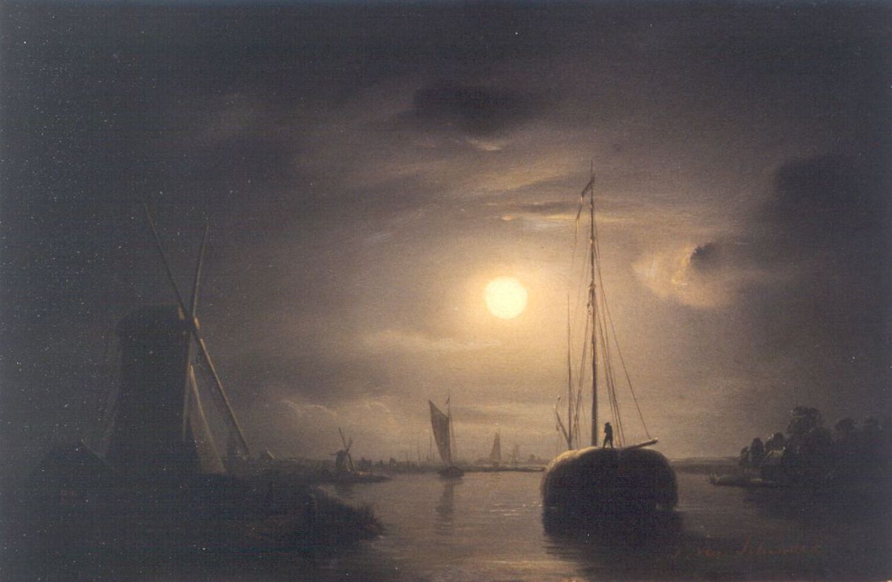 Schendel P. van | Petrus van Schendel, A moonlit river landscape with a haybarge, oil on panel 19.3 x 27.2 cm, signed l.r.