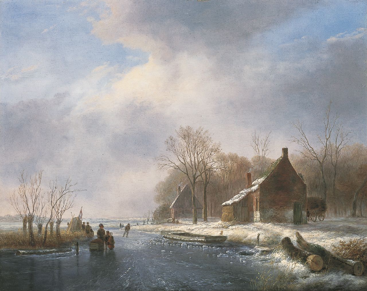 Hoogbruin J.M.  | Johannes Matthijs Hoogbruin, A winter landscape with skaters on the ice, oil on panel 45.1 x 57.3 cm, signed l.r.