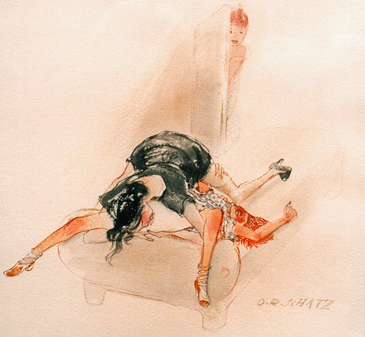 Schatz O.R.  | Otto Rudolf Schatz, Erotische scene, watercolour on paper 29.0 x 27.0 cm, gesigneerd linksonder