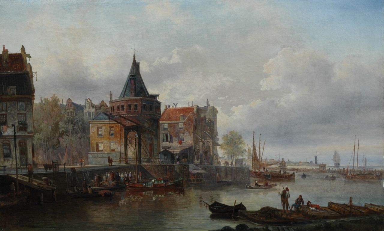Bommel E.P. van | Elias Pieter van Bommel, A view of the Scheierstoen, Amsterdam, oil on canvas 42.4 x 68.8 cm, signed l.l. and dated 1886