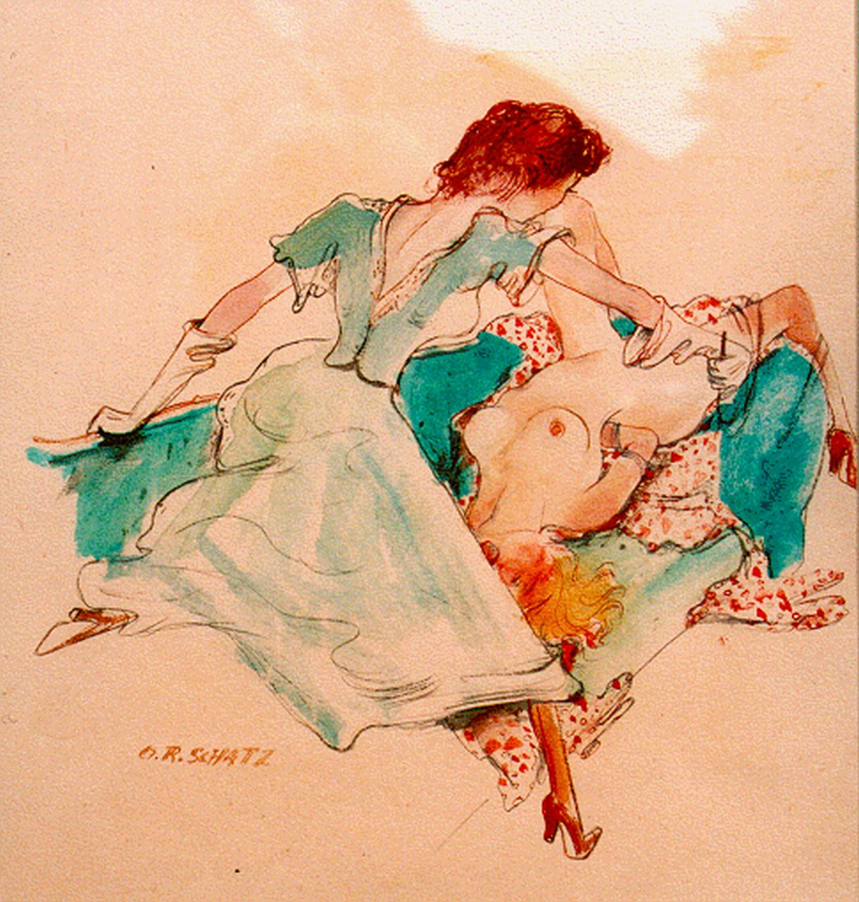 Schatz O.R.  | Otto Rudolf Schatz, Erotische scene, watercolour on paper 29.0 x 27.0 cm, gesigneerd rechtsonder