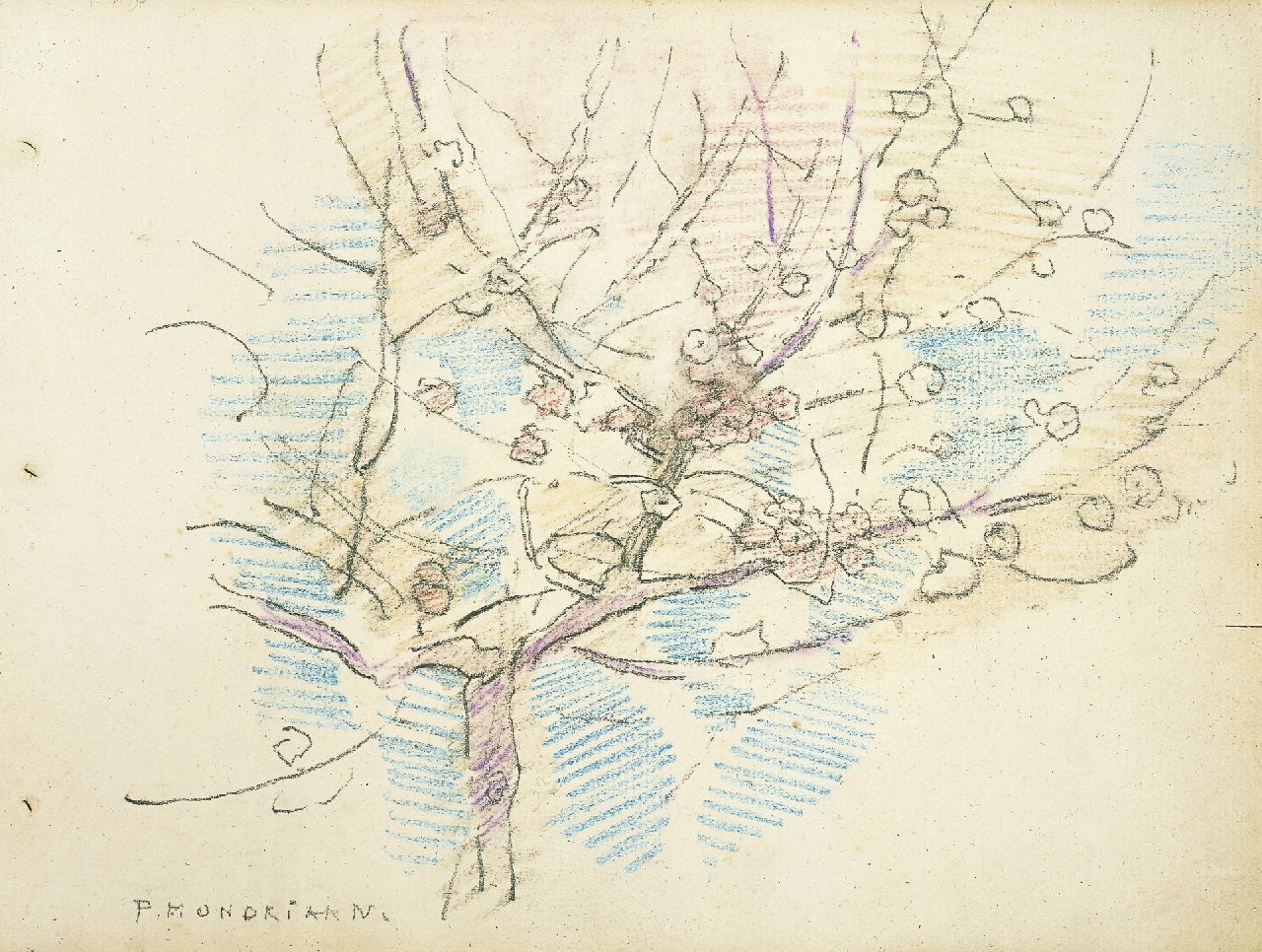 Mondriaan P.C.  | Pieter Cornelis 'Piet' Mondriaan, A flowering apple tree, coloured pencil on paper 19.0 x 25.0 cm, signed l.l. and painted circa 1917
