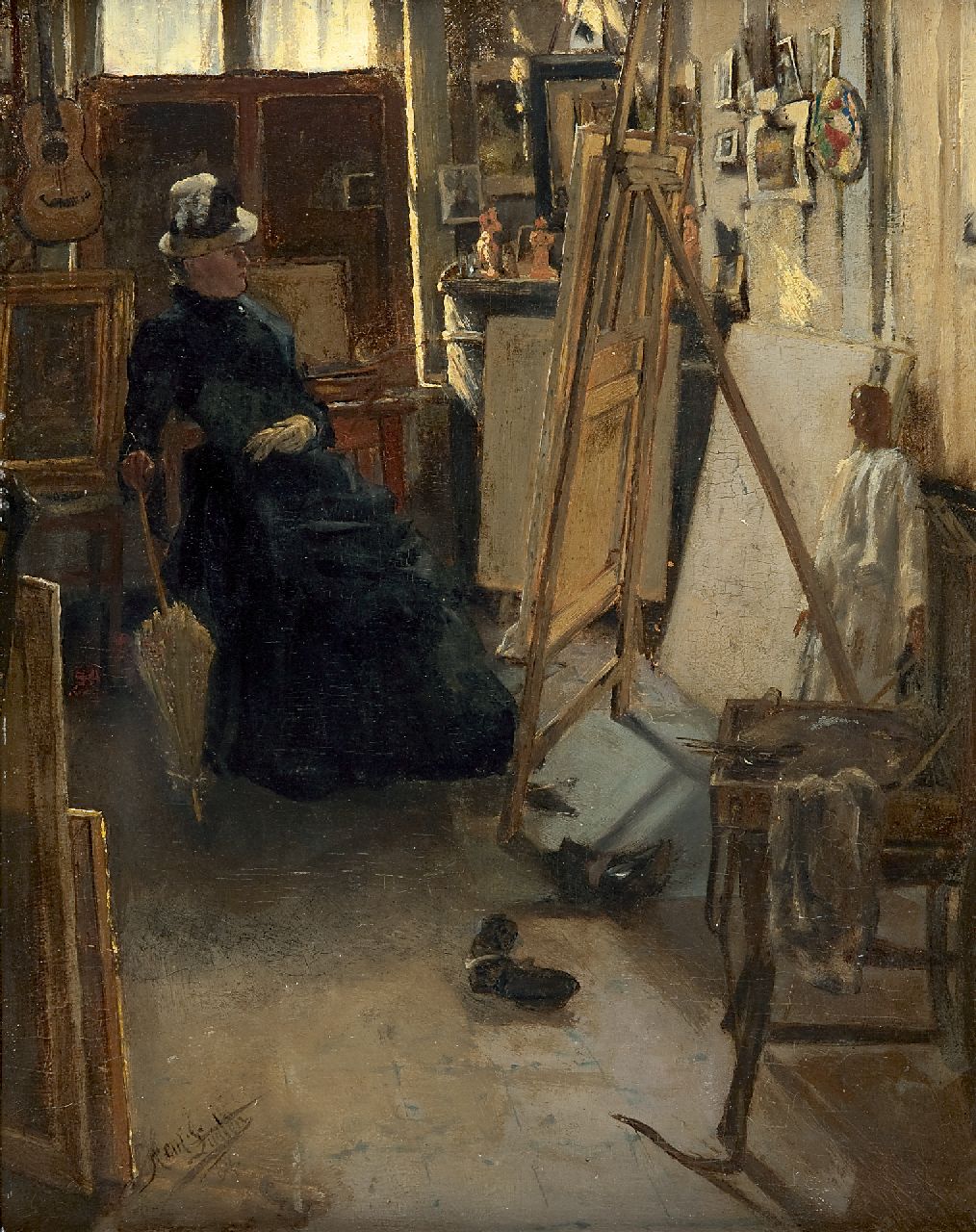 Luyten J.H.  | Jean Henry 'Hendrik' Luyten, Interior with a lady in front of her studio easel, oil on panel 40.2 x 32.1 cm, signed l.l. and dated '84