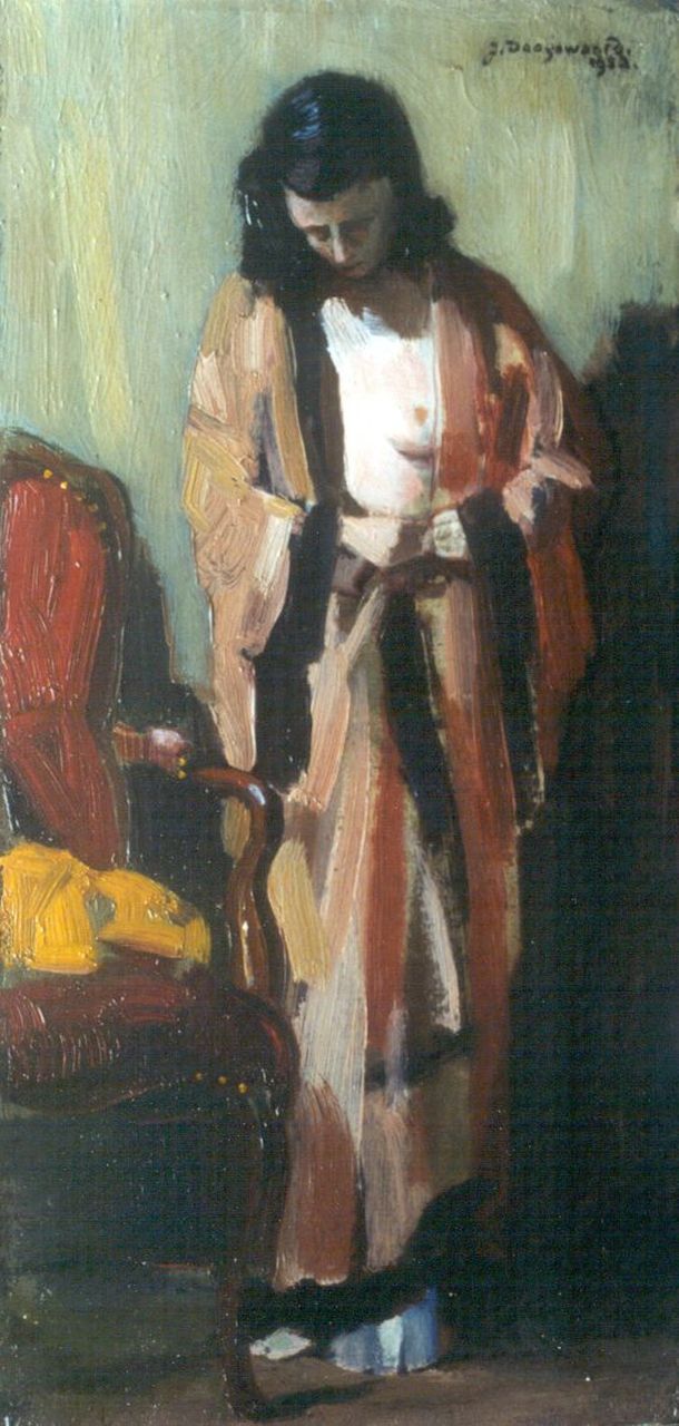 Dooijewaard J.  | Jacob 'Jaap' Dooijewaard, A woman in a kimono, oil on painter's board 39.1 x 18.9 cm, signed u.r. and dated 1953