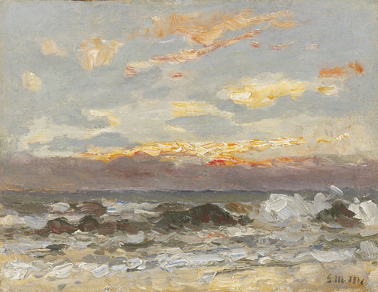 Munthe G.A.L.  | Gerhard Arij Ludwig 'Morgenstjerne' Munthe, Sunset over sea, oil on canvas laid down on panel 23.8 x 30.4 cm, signed l.r. with initials