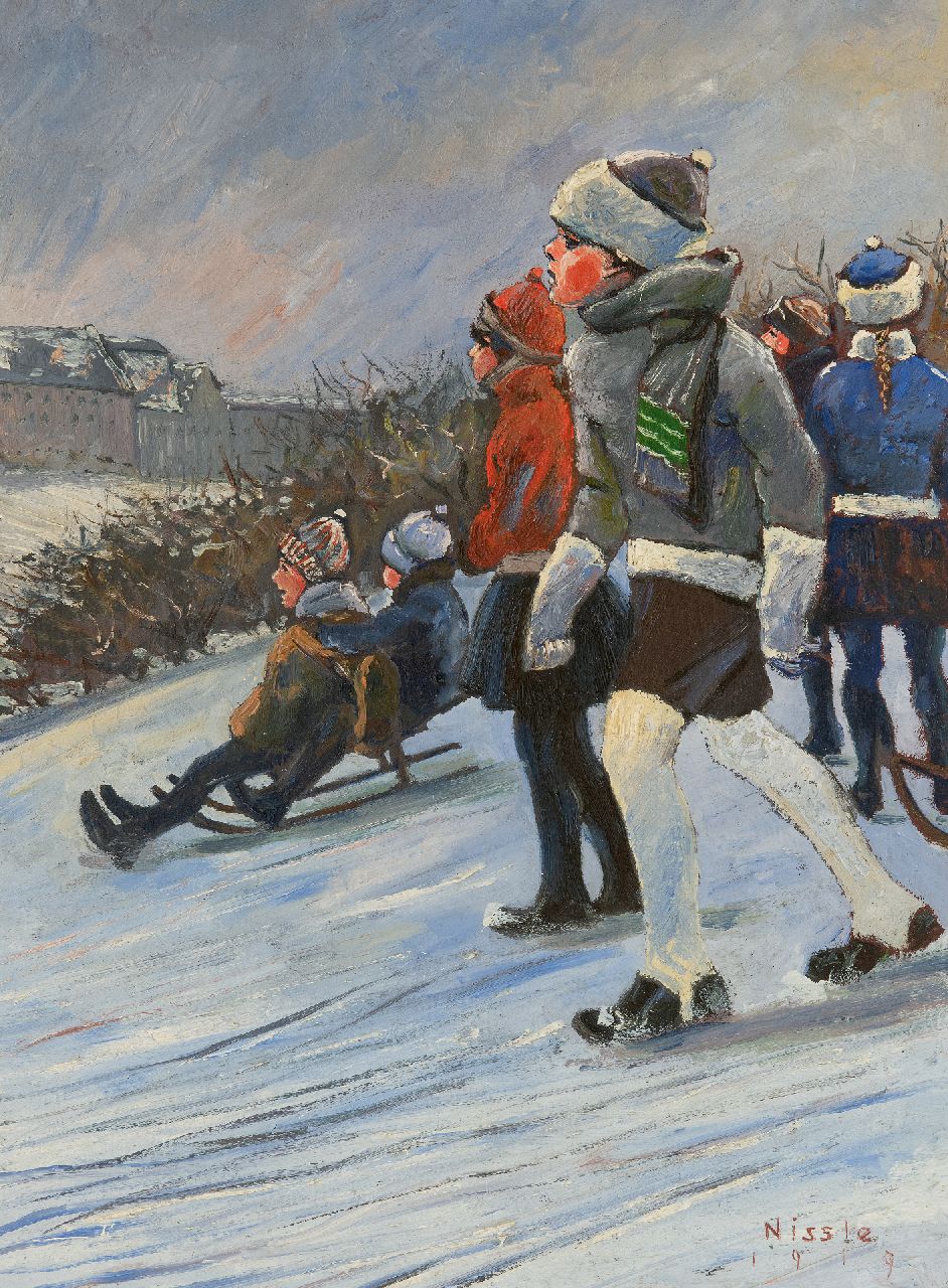 Nissle F.  | Fritz Nissle | Paintings offered for sale | Children on a sled going downhill, oil on painter's cardboard 41.6 x 31.2 cm, signed l.r. and dated 1919