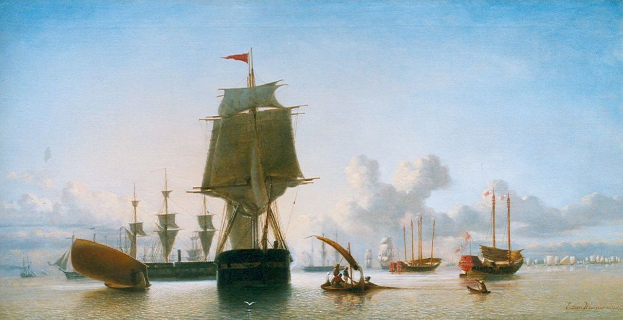 Heemskerck van Beest J.E. van | Jacob Eduard van Heemskerck van Beest, Sailing Vessels in a Calm, Batavia, oil on canvas 56.3 x 107.8 cm, signed l.r.