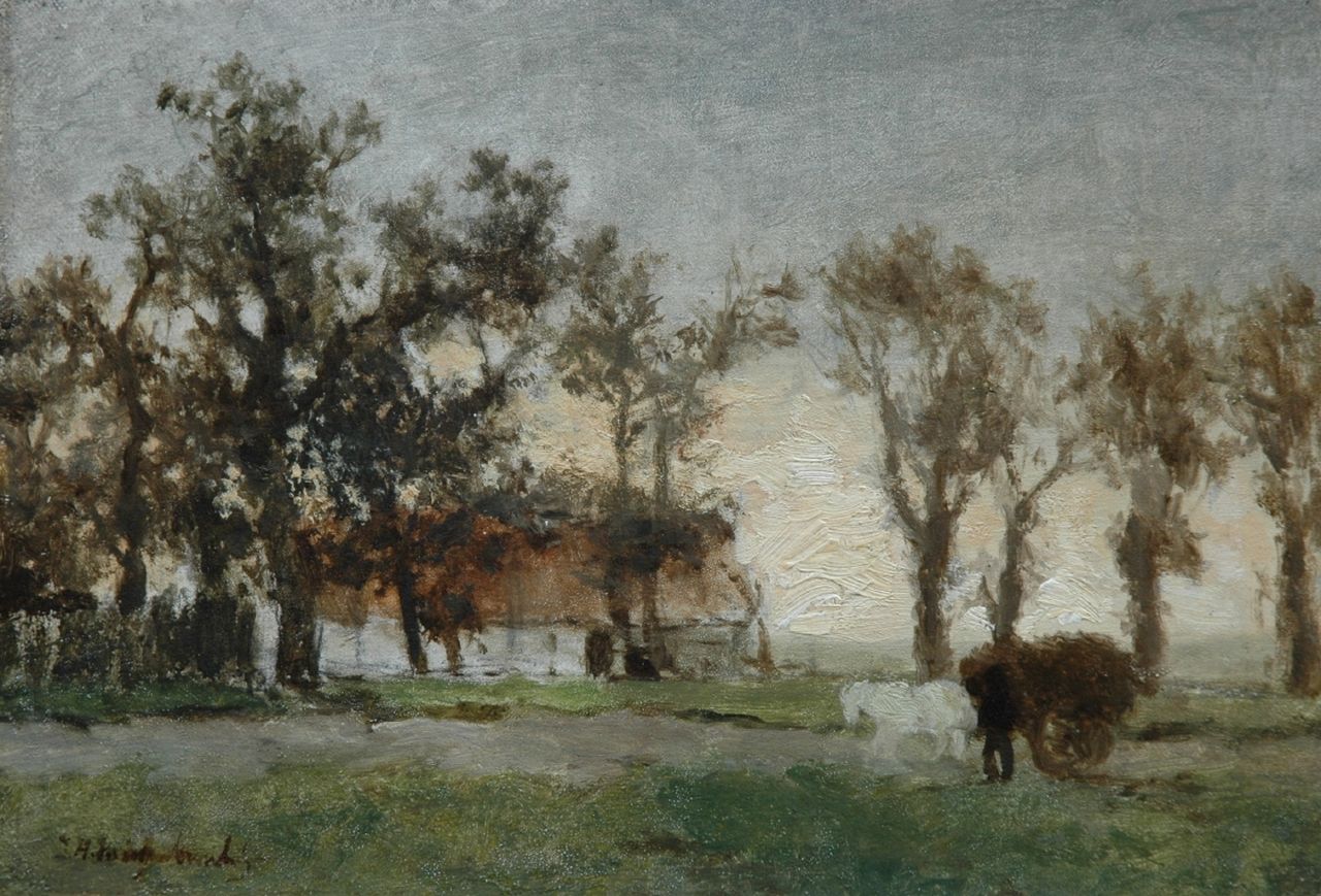 Weissenbruch H.J.  | Hendrik Johannes 'J.H.' Weissenbruch, A farm among trees, oil on canvas 20.9 x 29.5 cm, gesigneerd linksonder