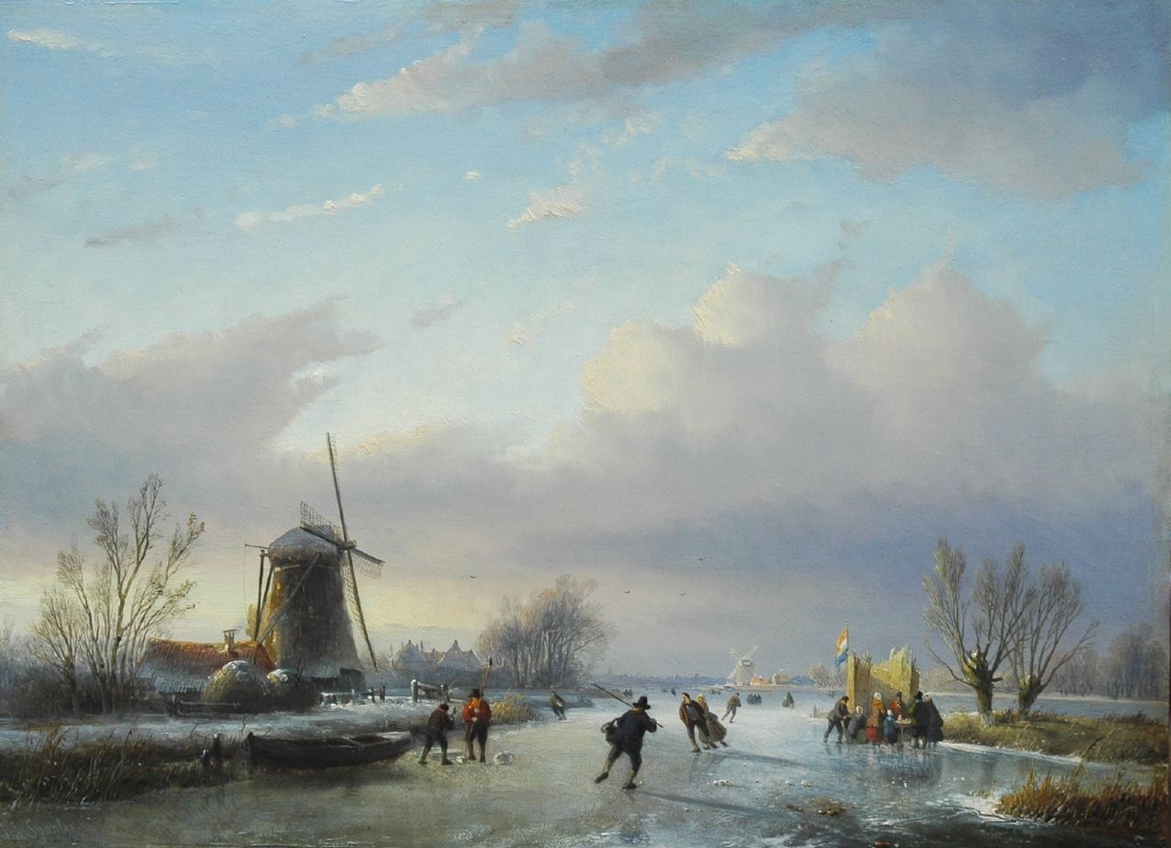 Spohler J.J.  | Jan Jacob Spohler, Dutch winter landscape with skaters on the ice, oil on panel 38.2 x 51.6 cm, signed l.l.