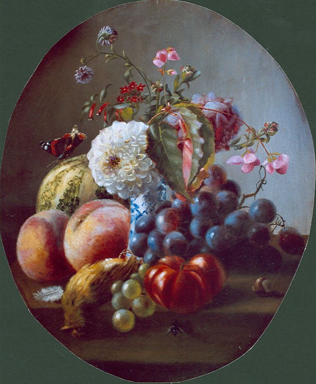 Roosenboom M.C.J.W.H.  | 'Margaretha' Cornelia Johanna Wilhelmina Henriëtta Roosenboom, A still life with peaches, flowers and grapes, oil on panel 40.0 x 33.6 cm, signed l.c. and dated 1859