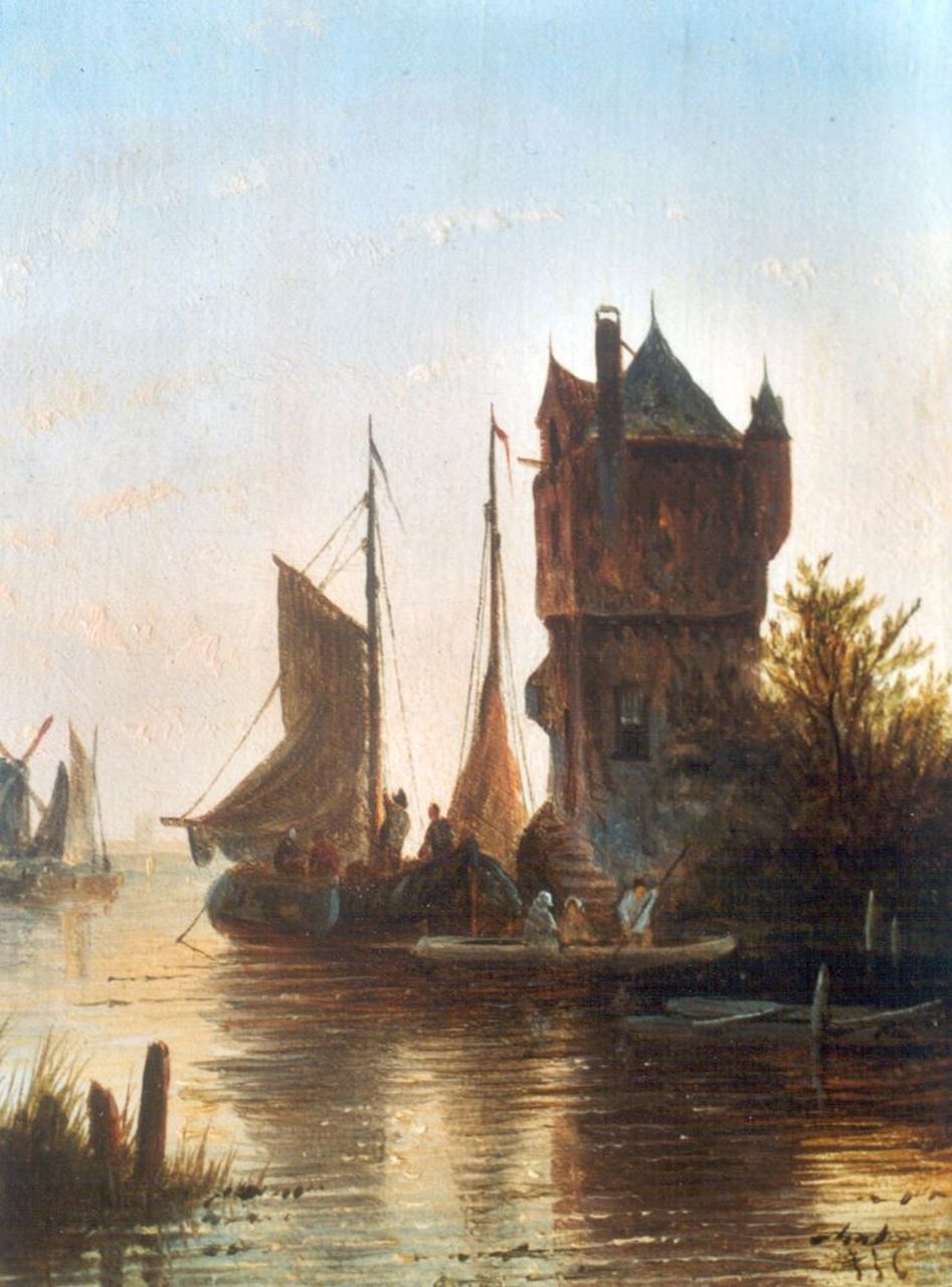 Spohler J.J.C.  | Jacob Jan Coenraad Spohler, Moored flatboats by a tower, oil on panel 13.7 x 11.2 cm, signed l.r. with initials