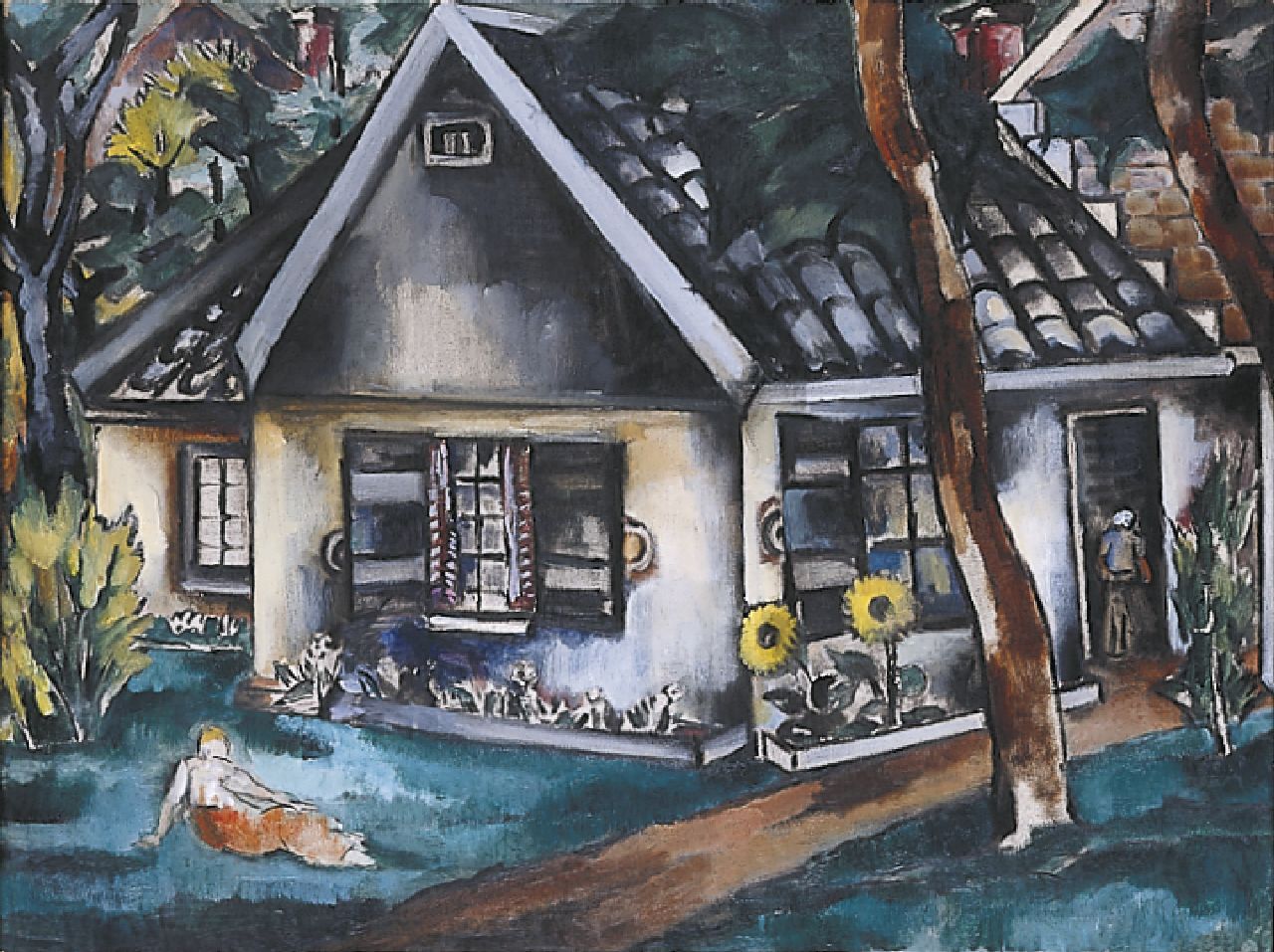 Berg E.  | Else Berg, A house with sunflowers, oil on canvas 77.0 x 102.0 cm