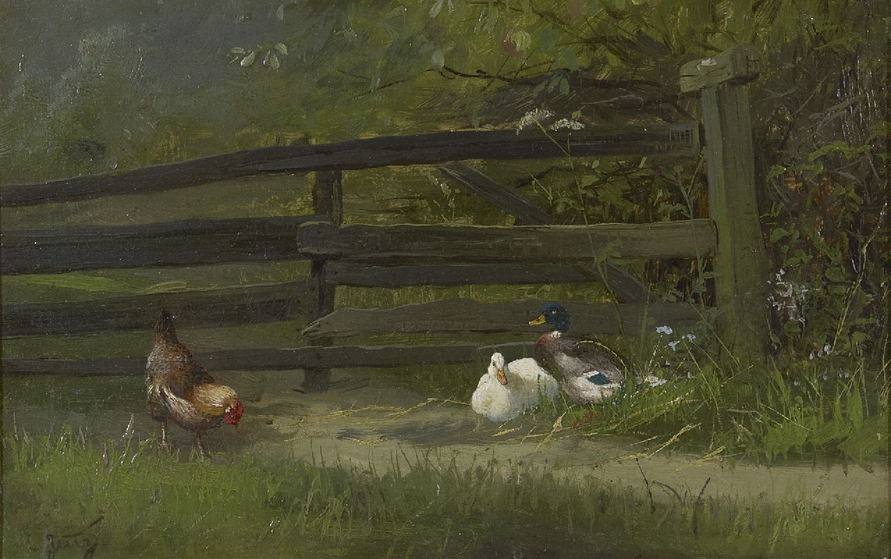 Jutz C.  | Carl Jutz | Paintings offered for sale | A chicken and ducks near a garden fence, oil on paper laid down on panel 21.6 x 32.1 cm, signed l.l.