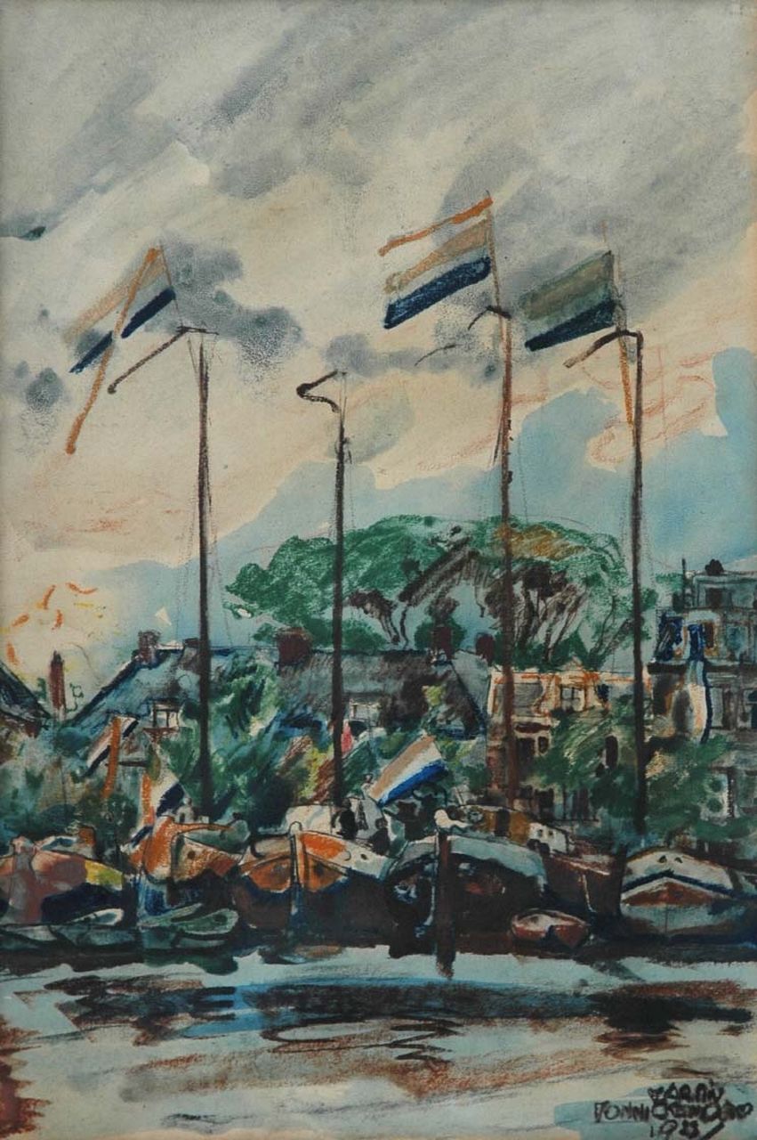 Monnickendam M.  | Martin Monnickendam, Flags along the Amstel River, watercolour on paper 38.0 x 26.5 cm, signed l.r. and dated 1923