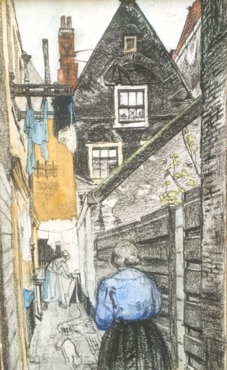 Dülmen Krumpelmann E.B. von | Erasmus Bernhard von Dülmen Krumpelmann, A narrow street in the Jordaan, Amsterdam, chalk and watercolour on paper 37.2 x 22.4 cm, signed l.l.