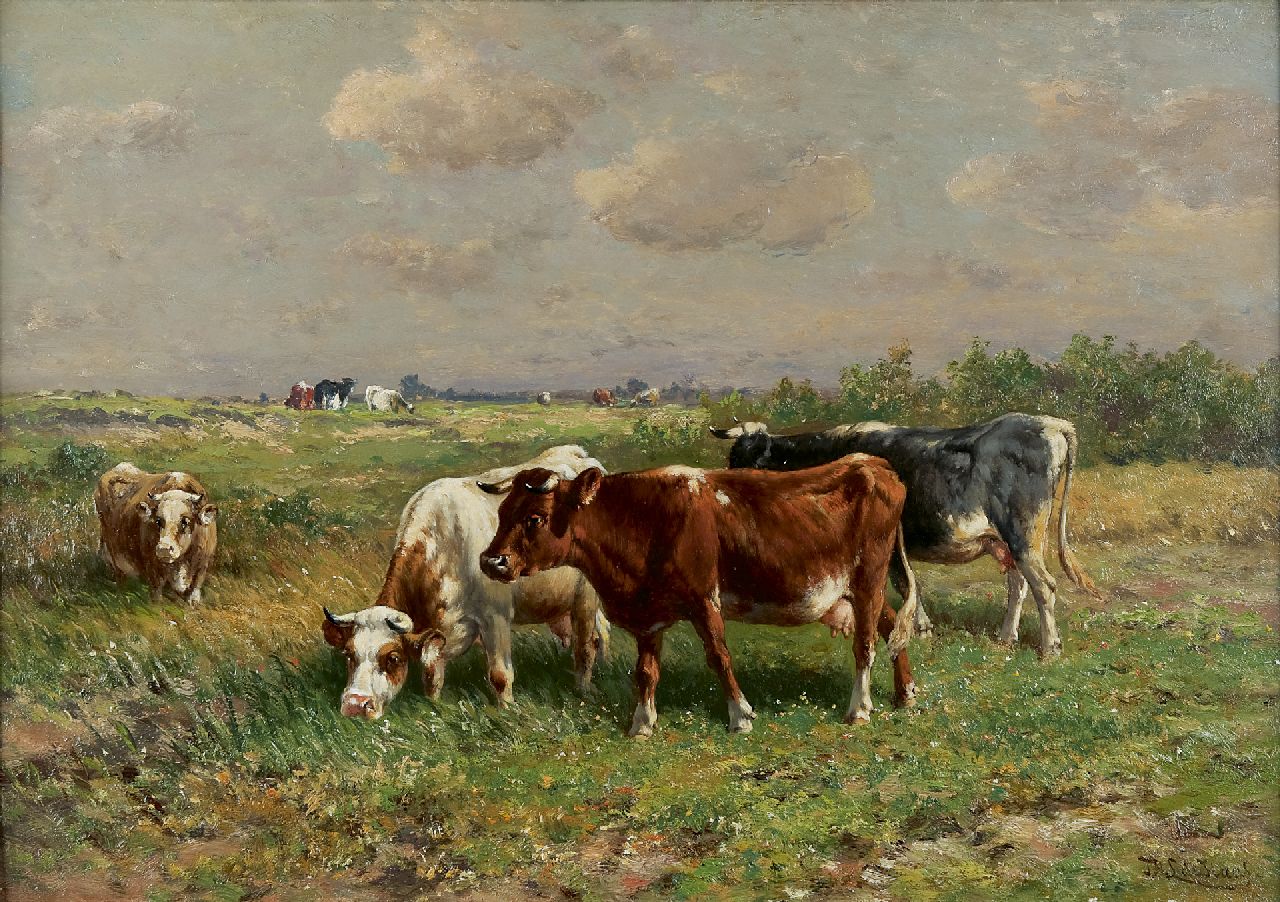 Haas J.H.L. de | Johannes Hubertus Leonardus de Haas, Cattle in a meadow, oil on panel 45.2 x 63.6 cm, signed l.r.