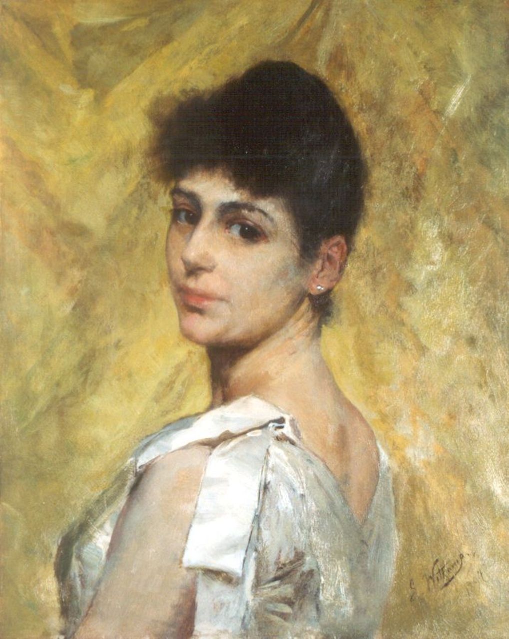 Witkamp jr. E.S.  | Ernest Sigismund 'Ernst' Witkamp jr., A portrait of a young lady, oil on panel 40.7 x 32.8 cm, signed l.r. and on the reverse and dated 1894