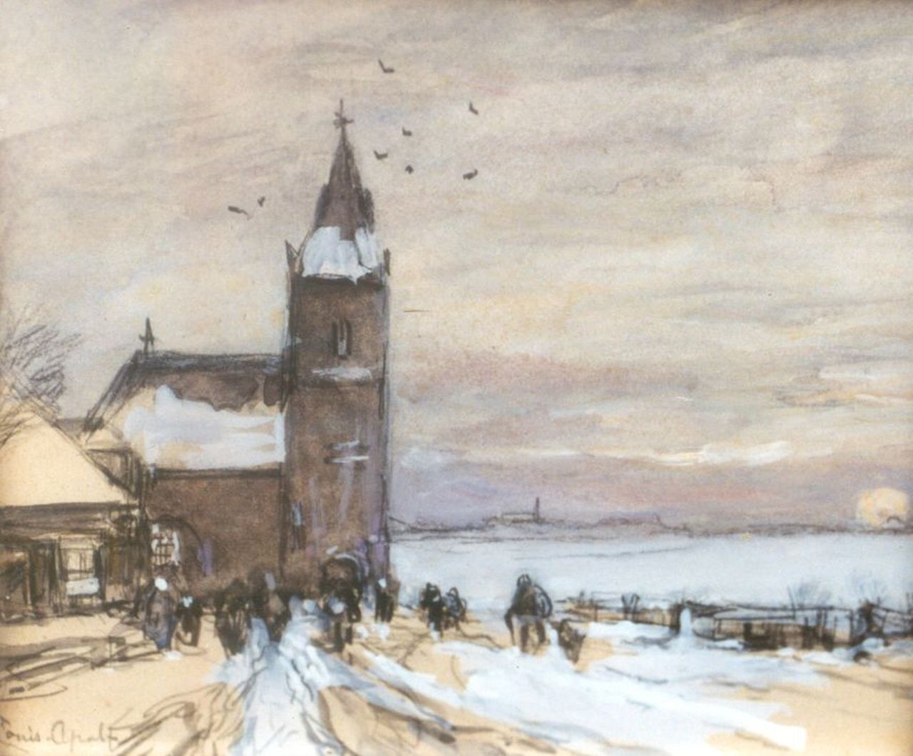 Apol L.F.H.  | Lodewijk Franciscus Hendrik 'Louis' Apol, Church-attendance in a snow-covered landscape, watercolour on paper 13.1 x 15.2 cm, signed l.l.