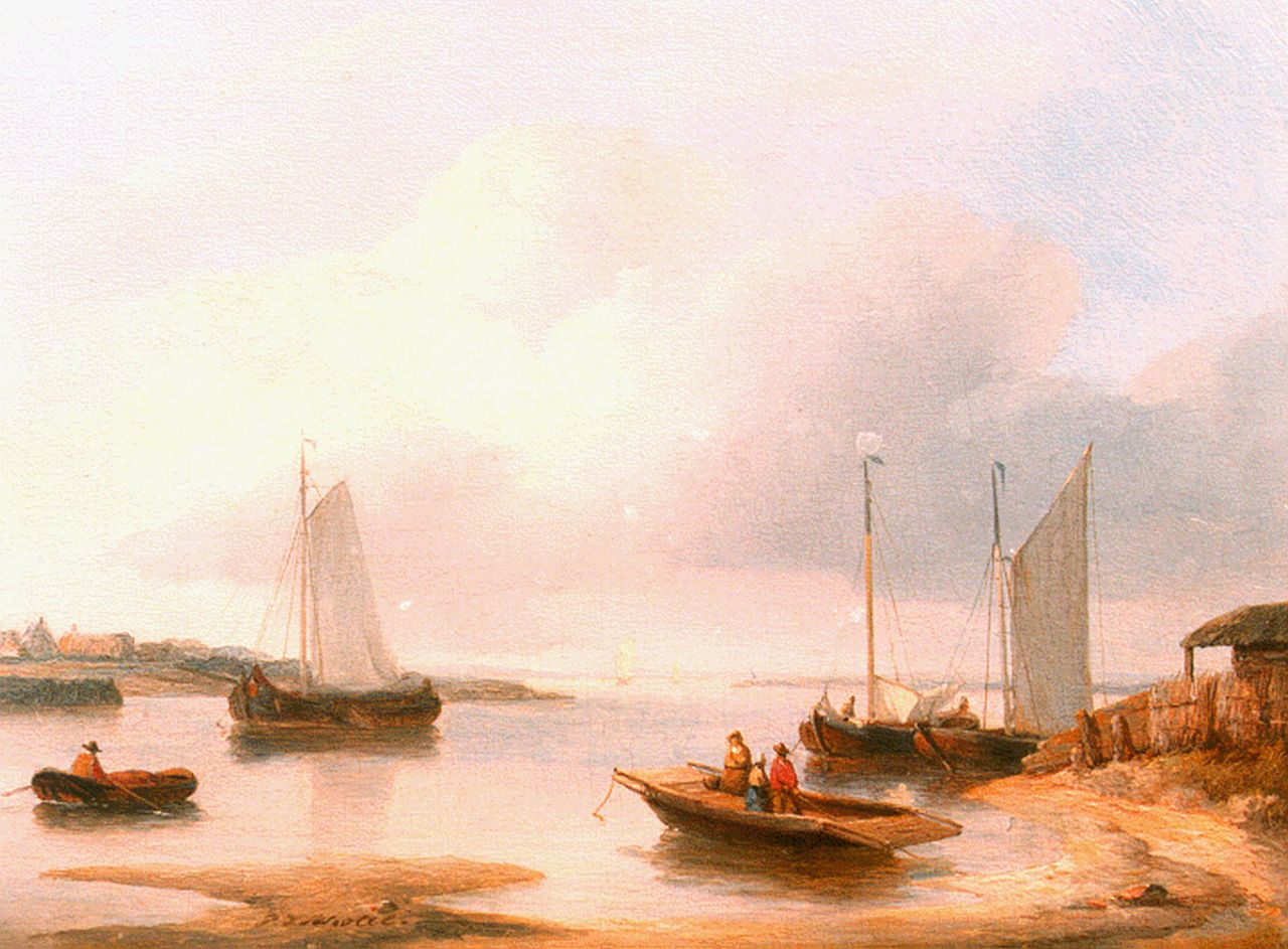 Schotel P.J.  | Petrus Johannes Schotel, Vessels in a calm, oil on panel 14.9 x 20.0 cm, signed c.l.