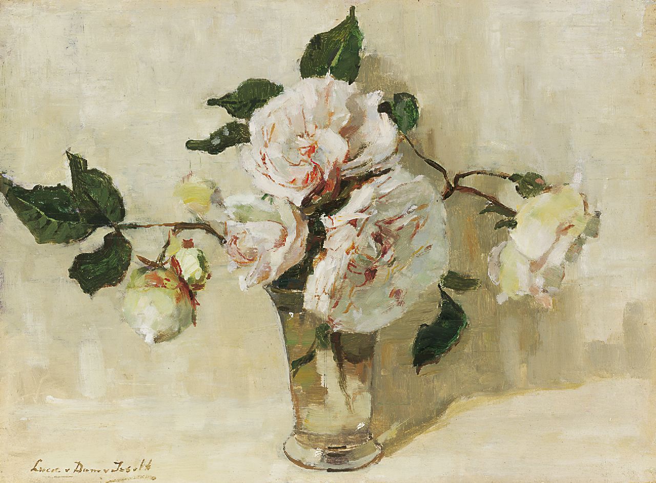 Dam van Isselt L. van | Lucie van Dam van Isselt, A still life with white roses in a glass vase, oil on panel 31.9 x 42.7 cm, signed l.l. and painted circa 1920-1925.