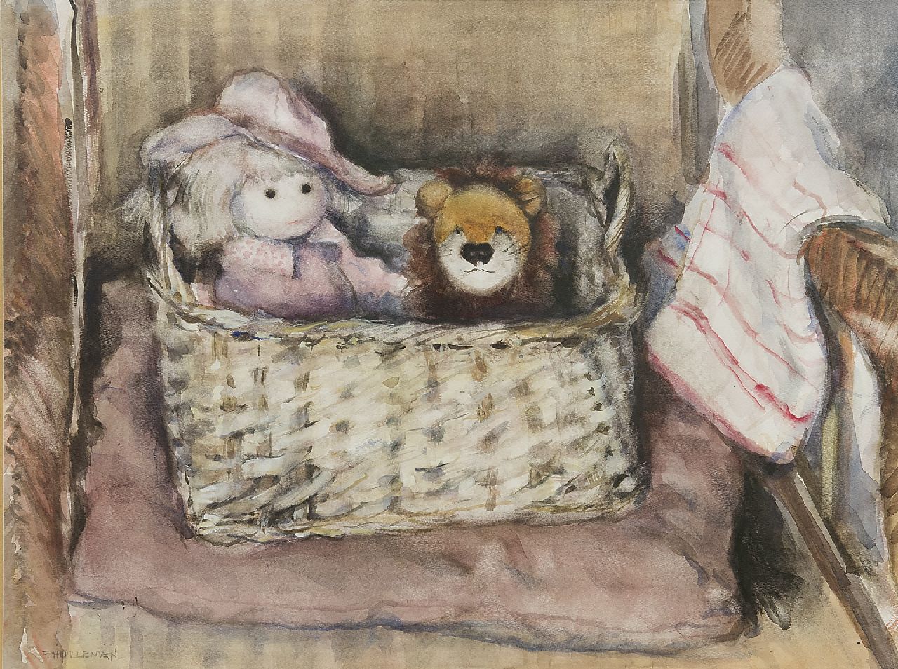 Holleman F.  | Frida Holleman | Watercolours and drawings offered for sale | The doll basket, watercolour on paper 35.5 x 47.0 cm, signed l.l.