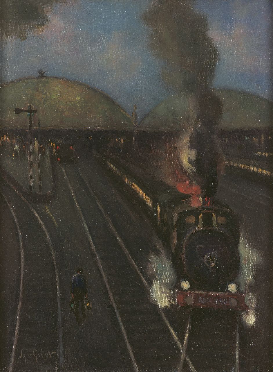 Gilst A. van | Aarnout 'Arnout' van Gilst, Steam-locomotive near the station of Amsterdam, oil on canvas 40.4 x 30.2 cm, signed l.l.