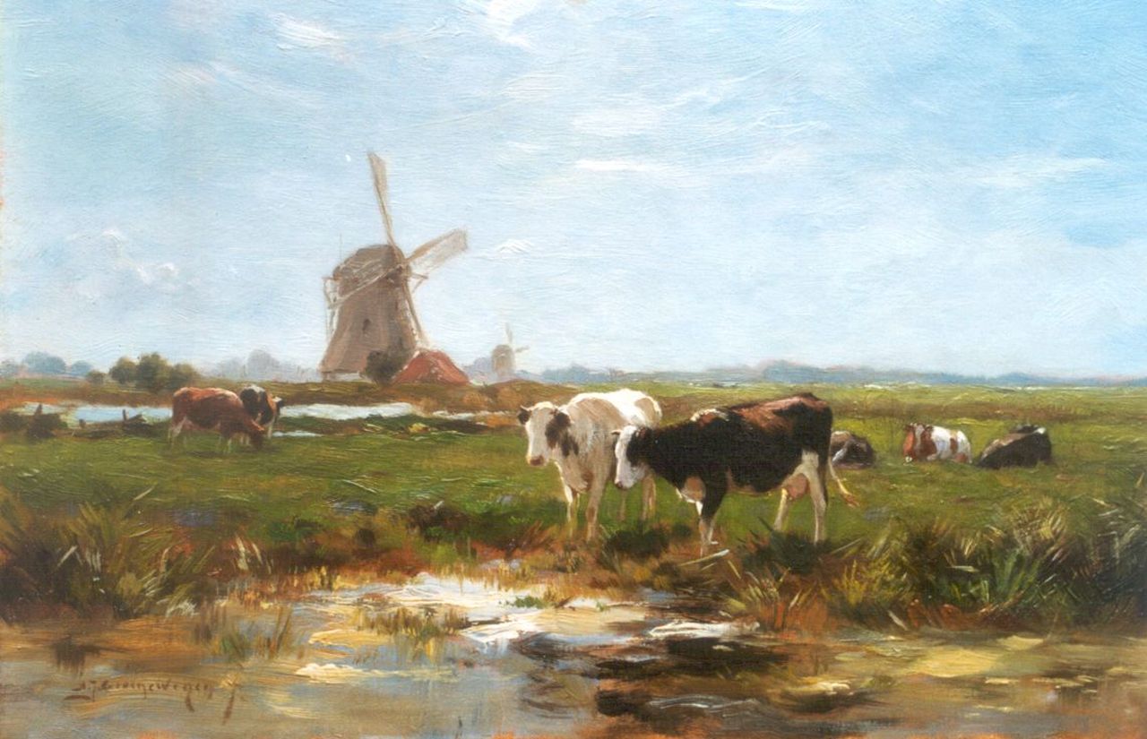 Groenewegen A.J.  | Adrianus Johannes Groenewegen, Cows watering, oil on canvas 31.5 x 45.4 cm, signed l.l.