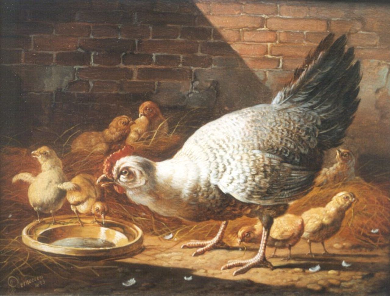 Verhoesen A.  | Albertus Verhoesen, A hen and chicks in a stable, oil on panel 17.5 x 24.5 cm, signed l.l. and dated 1873