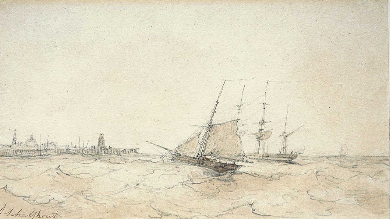 Schelfhout A.  | Andreas Schelfhout, The arrival of the fleet, pencil, pen and sepia on paper 13.5 x 22.5 cm, signed l.l.