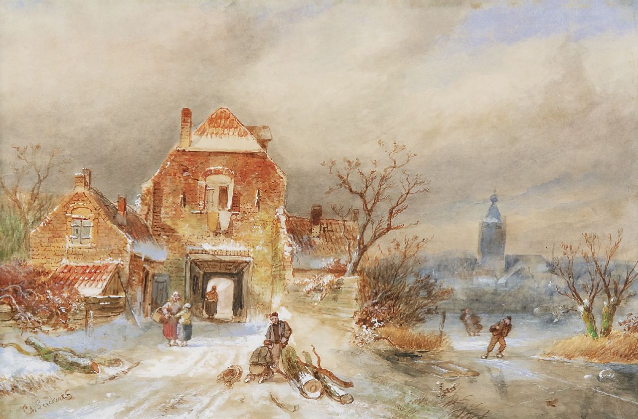 Leickert C.H.J.  | 'Charles' Henri Joseph Leickert, A town in winter with skaters, watercolour on paper 23.1 x 34.8 cm, signed l.l.