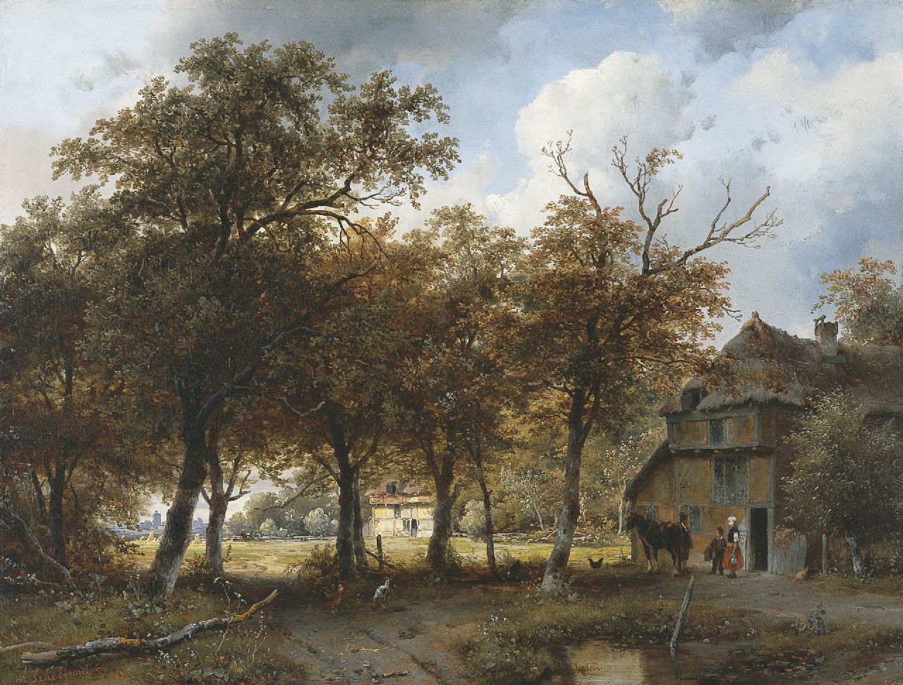 Schelfhout A.  | Andreas Schelfhout, A wooded landscape with farms and a city in the distance, oil on panel 40.3 x 52.9 cm, signed l.l. and painted 1843