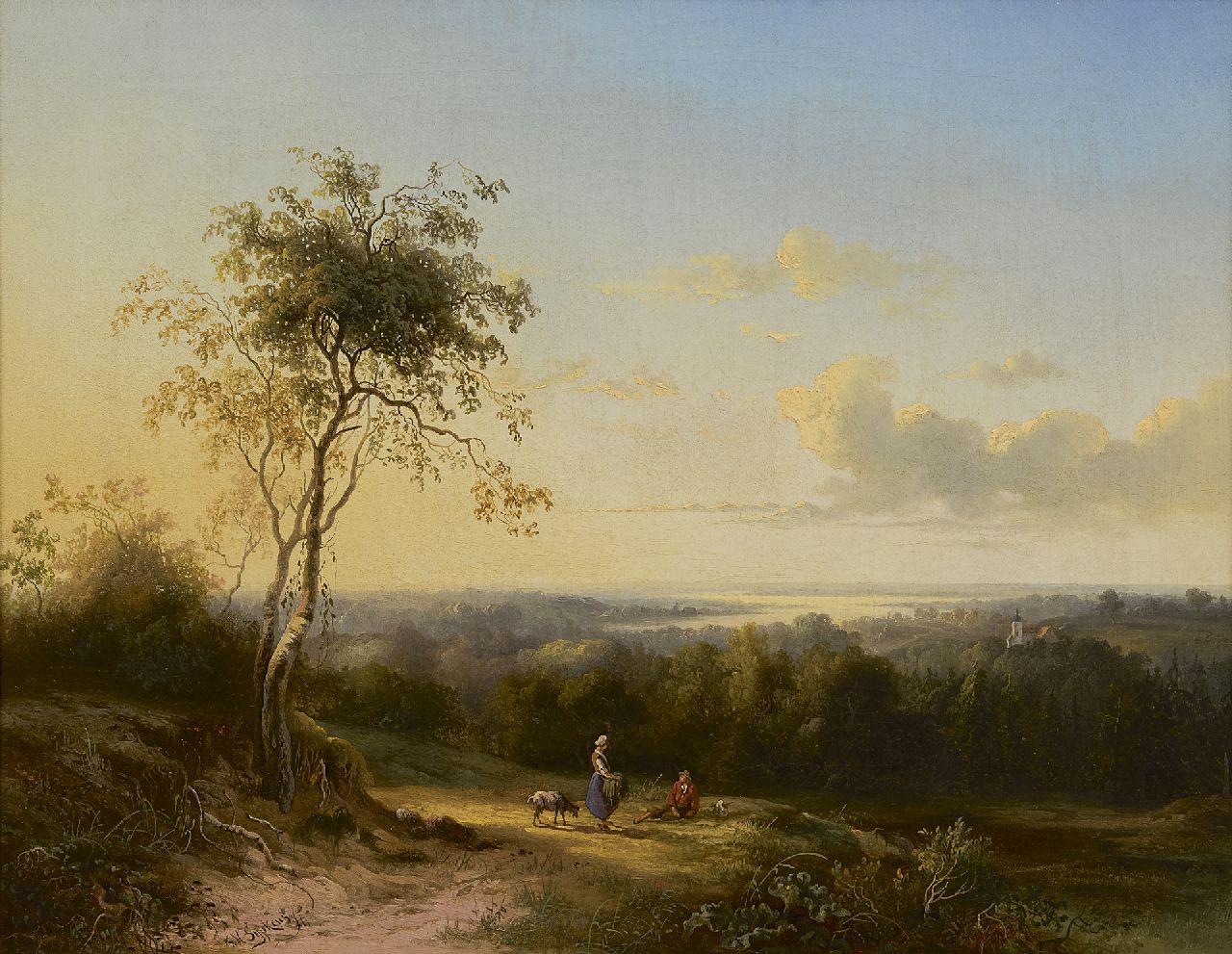 Sijpkens F.H.  | Ferdinand Hendrik Sijpkens, A panoramic landscape with a shepherds couple, oil on canvas 41.4 x 52.3 cm, signed l.l.