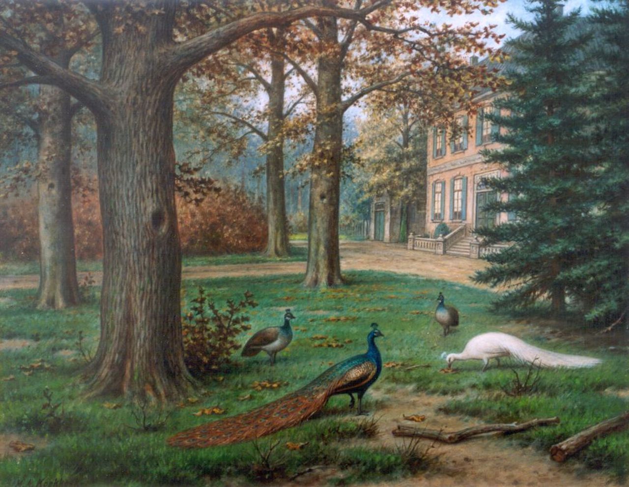Koekkoek II M.A.  | Marinus Adrianus Koekkoek II, Peacocks in a landscape garden, oil on canvas 40.2 x 50.5 cm, signed l.l.
