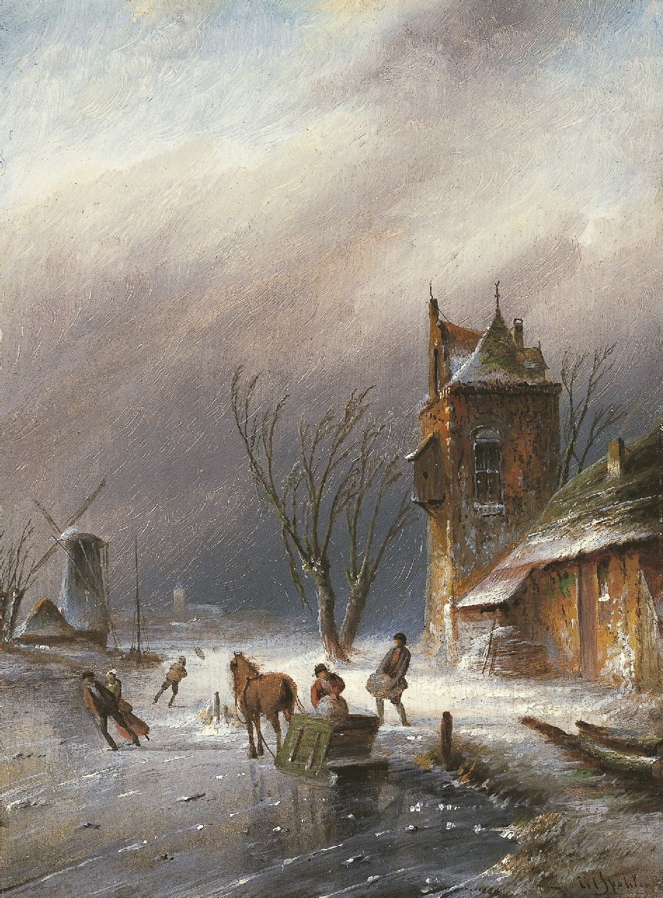 Spohler J.J.C.  | Jacob Jan Coenraad Spohler, Skaters on the ice, oil on panel 21.4 x 16.0 cm, signed l.r.