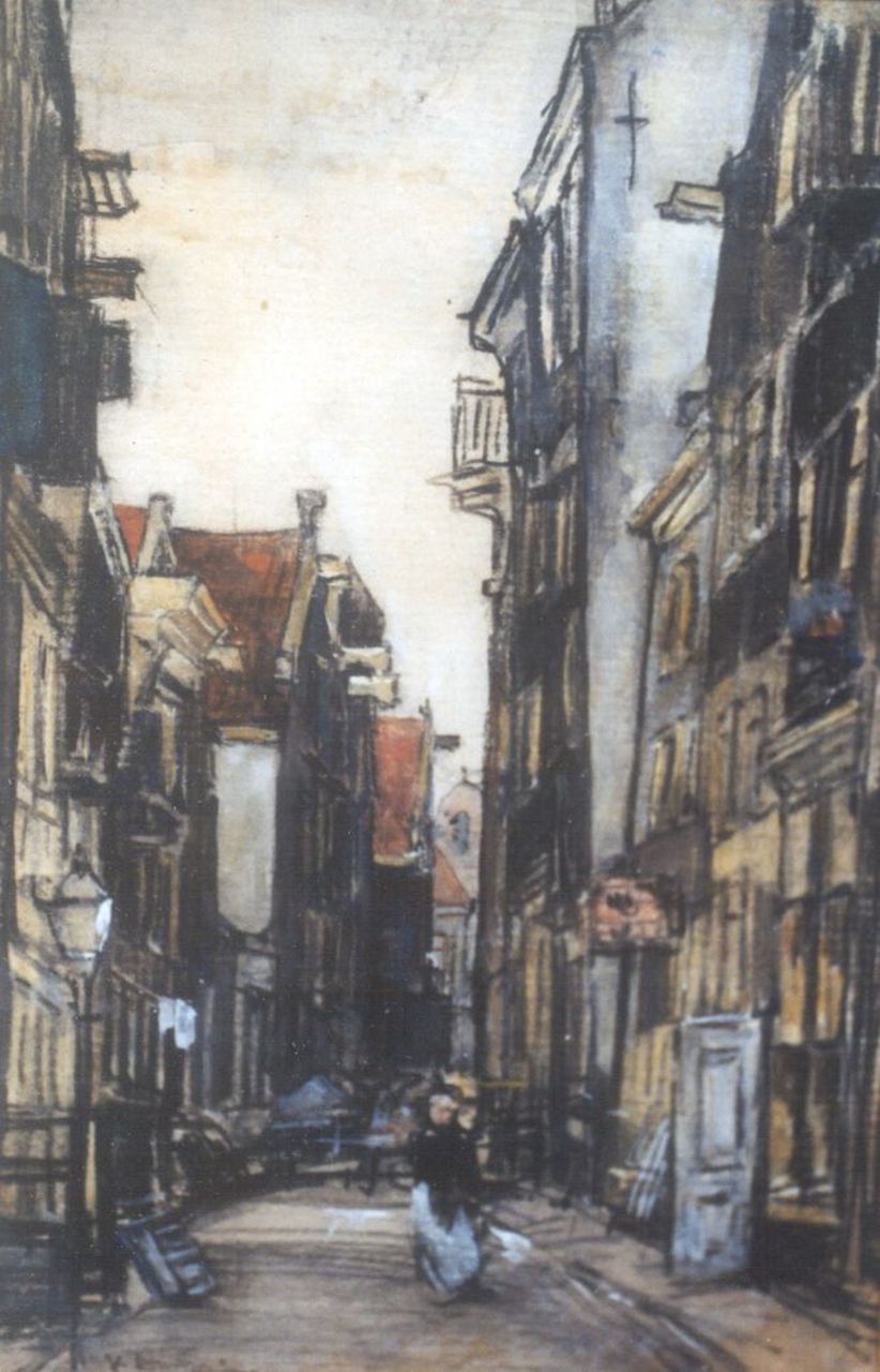 Arntzenius P.F.N.J.  | Pieter Florentius Nicolaas Jacobus 'Floris' Arntzenius, A sunlit street, black chalk and watercolour on paper 18.6 x 12.3 cm, signed l.l.