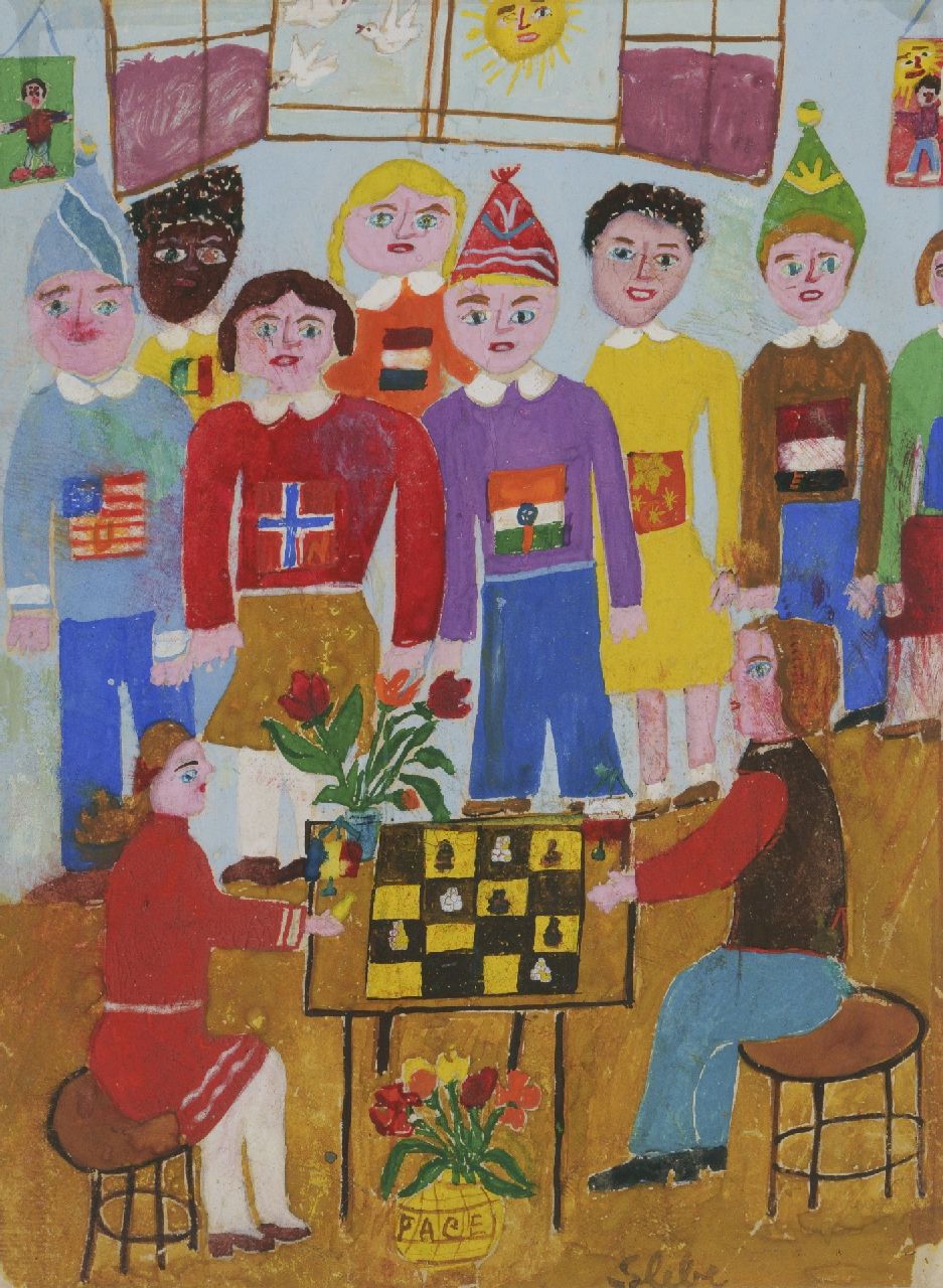 Slebe (Ferdinand Joseph Sleebe) F.  | Ferry Slebe (Ferdinand Joseph Sleebe) | Watercolours and drawings offered for sale | The game of chess, gouache on paper 26.5 x 20.0 cm, signed r.c.