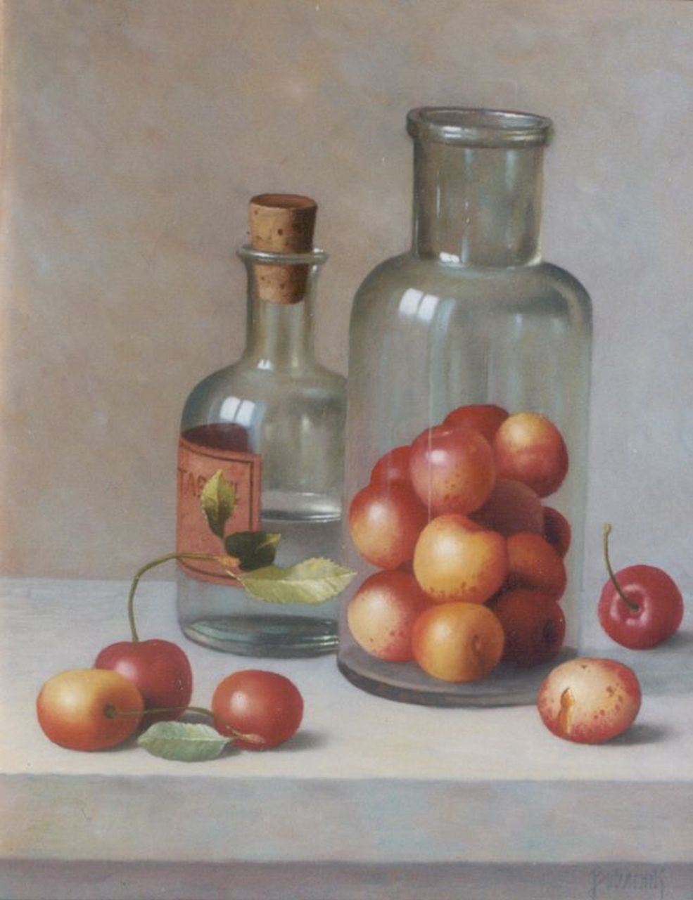 Bubarnik G.  | Gyula Bubarnik, A still life with cherriea and bottles, oil on panel 24.8 x 19.7 cm, signed l.r.