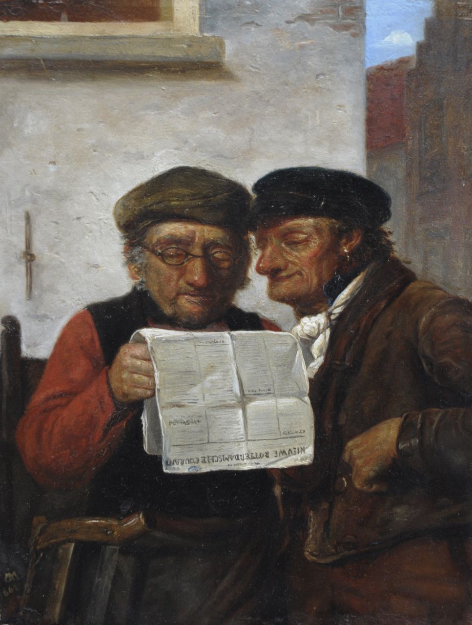 Muslij C.J.A.  | Christianus Johannes Antonius Muslij, The interesting article in the Nieuwe Rotterdamsche Courant, oil on panel 36.2 x 27.2 cm, signed l.l. with monogram and dated '862  [1862]