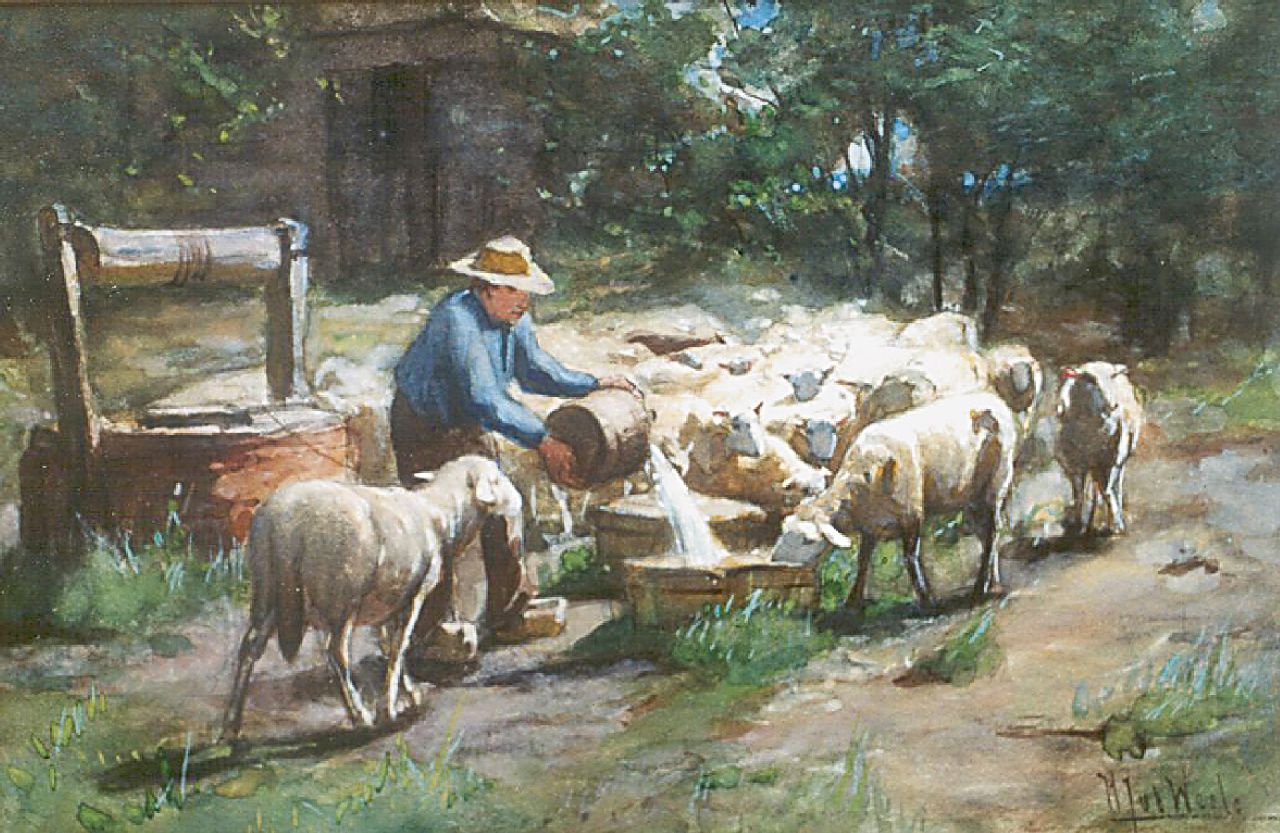 Weele H.J. van der | 'Herman' Johannes van der Weele, Sheep with their shepherd near a well, watercolour on paper 29.0 x 43.0 cm, signed l.r.