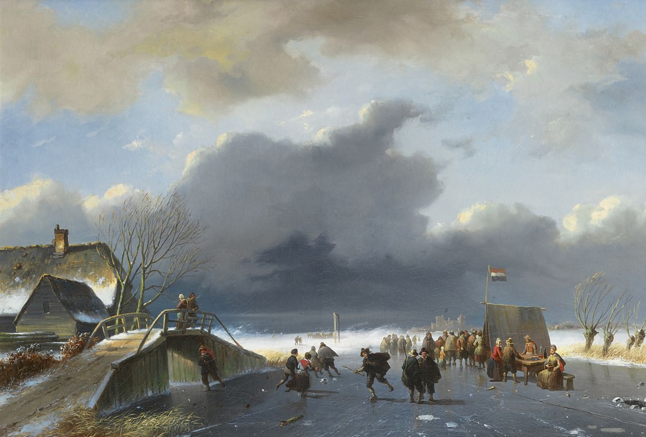 Roosenboom N.J.  | Nicolaas Johannes Roosenboom, A winter landscape with skaters near a koek-en-zopie, oil on canvas 48.0 x 68.0 cm, ca 1860