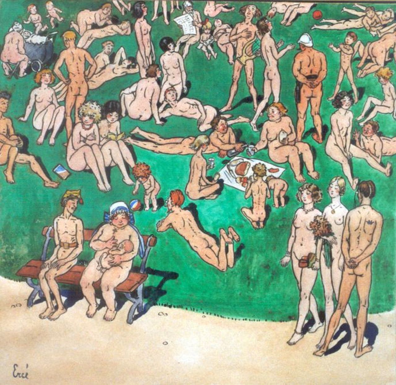 Choprix L.M.R.  | Louis Marie 'René' Choprix, A parc in Brussels; a nudist's fantasy, ink, watercolour and gouache on paper 25.7 x 26.6 cm, signed l.l. 'Erné, an anagram of René
