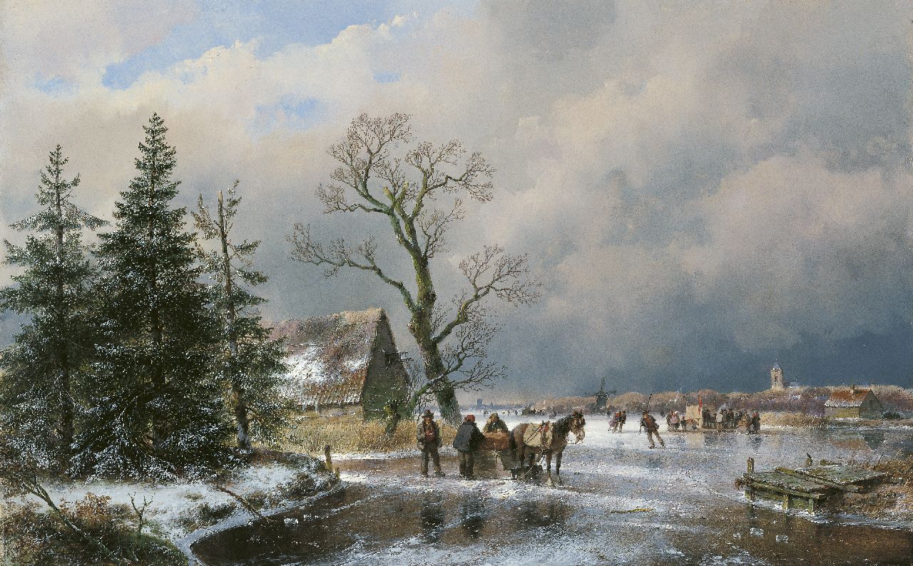 Schelfhout A.  | Andreas Schelfhout, Skaters and sleds on a frozen canal, oil on panel 52.2 x 83.0 cm, signed l.r. and painted 1869