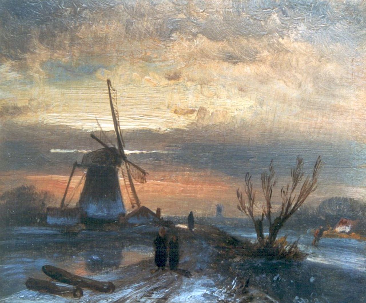 Leickert C.H.J.  | 'Charles' Henri Joseph Leickert, A frozen river with a windmill, oil on panel 9.2 x 11.0 cm, signed l.r. with initials