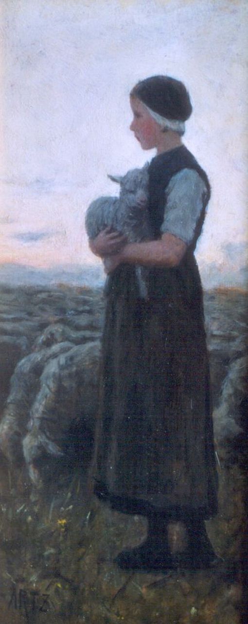 Artz D.A.C.  | David Adolphe Constant Artz, A shepherdess, oil on panel 29.6 x 12.8 cm, signed l.l.