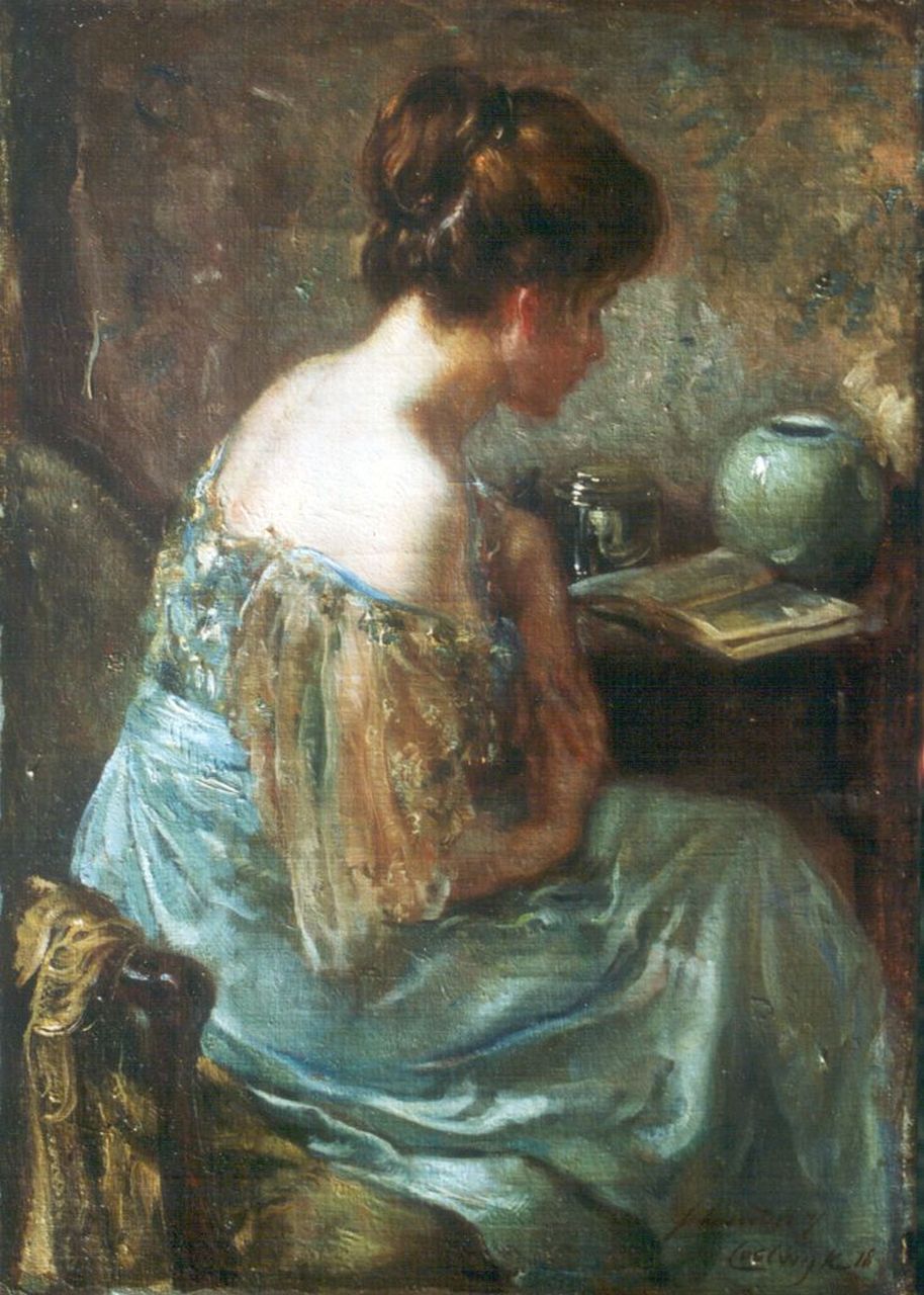 Schreuder van de Coolwijk J.H.W.M.  | 'Jan' Hendrik Willem Maurits Schreuder van de Coolwijk, An elegant lady reading, oil on canvas 35.7 x 25.0 cm, signed l.r. and dated '18